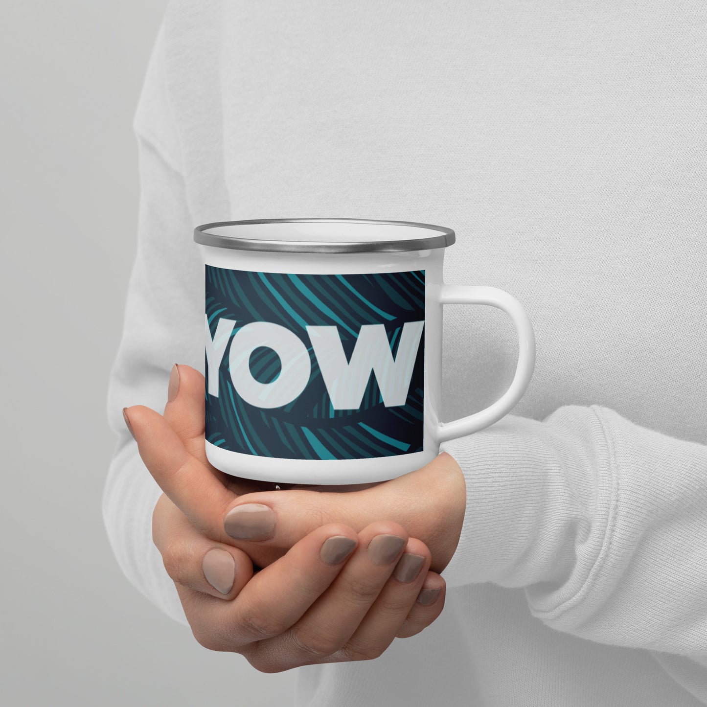 Enamel Mug (blue patterned classic white logo)