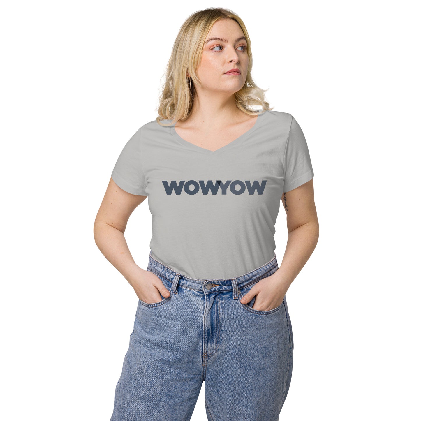 Women’s fitted v-neck t-shirt (Classic gray logo)